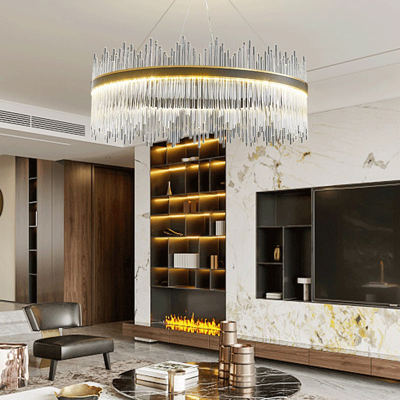 Contemporary Nordic LED Hanging Pendant Light Crystal Circular Chandelier for Living Room