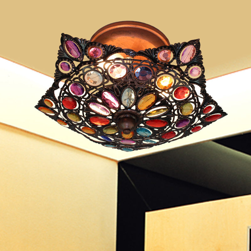Hollow Living Room Ceiling Fixture Traditional Metal 3 Heads Brass Flush Mount Lighting