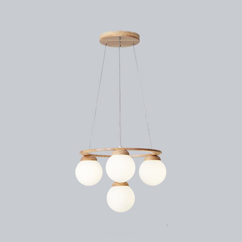 Wooden Circular Chandelier Simplicity Hanging Light with Globe White Glass Shade