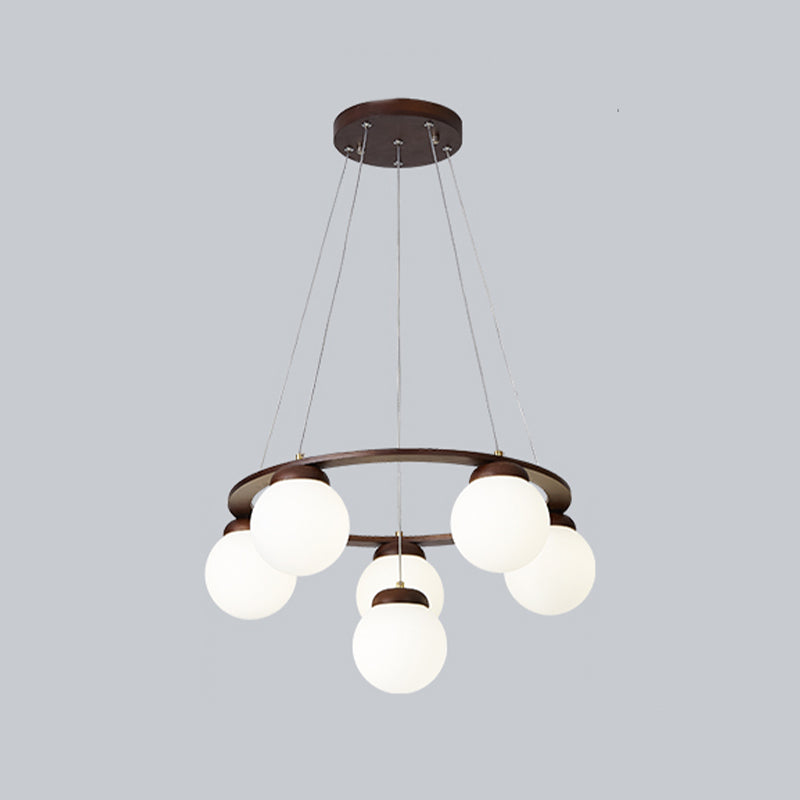 Houten cirkelvormige kroonluchter eenvoud hangend licht met bol wit glazen schaduw