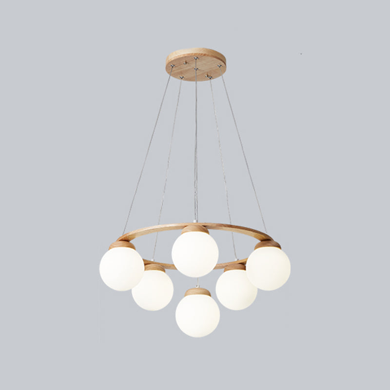 Houten cirkelvormige kroonluchter eenvoud hangend licht met bol wit glazen schaduw