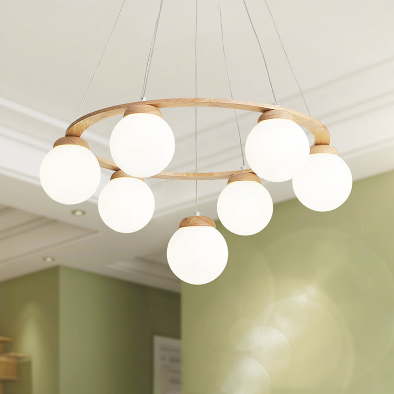 Houten cirkelvormige kroonluchter eenvoud hangend licht met bol wit glazen schaduw
