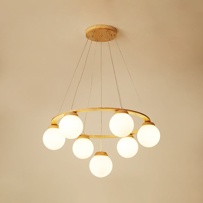 Houten cirkelvormige kroonluchter eenvoud hangend licht met bol wit glazen schaduw