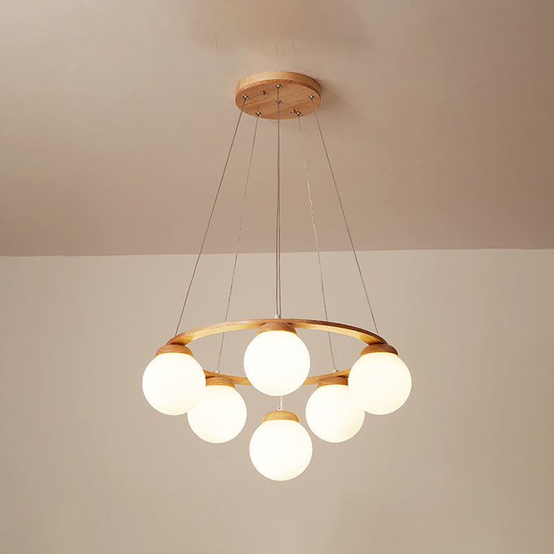 Wooden Circular Chandelier Simplicity Hanging Light with Globe White Glass Shade