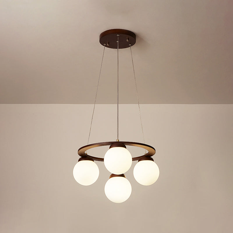 Houten cirkelvormige kroonluchter eenvoud hangend licht met bol wit glazen schaduw