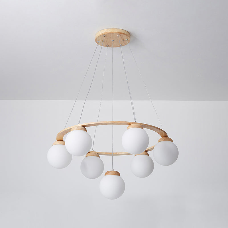 Houten cirkelvormige kroonluchter eenvoud hangend licht met bol wit glazen schaduw