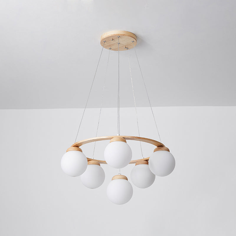 Houten cirkelvormige kroonluchter eenvoud hangend licht met bol wit glazen schaduw