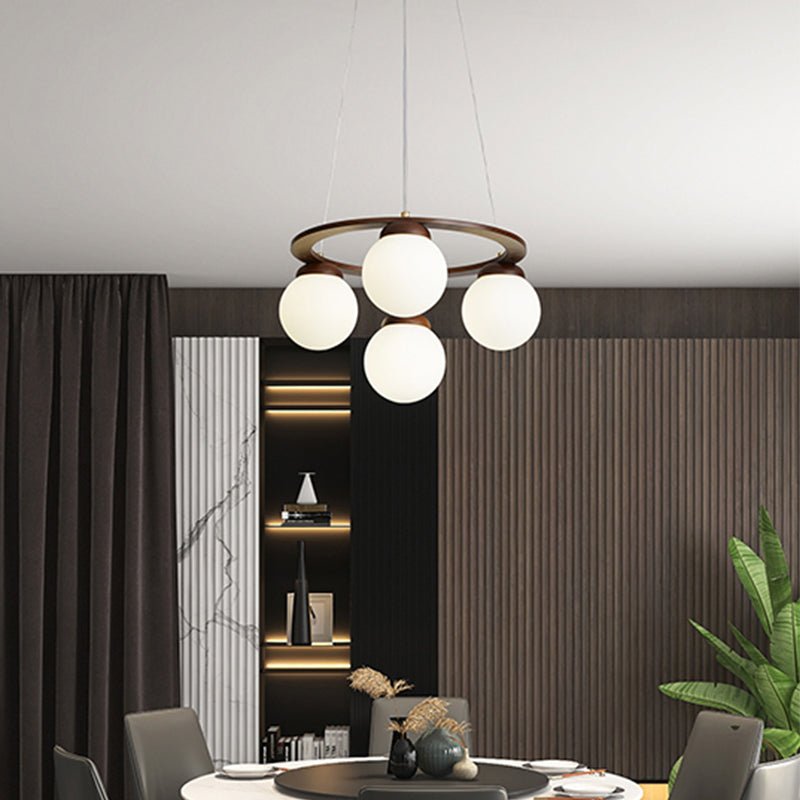 Houten cirkelvormige kroonluchter eenvoud hangend licht met bol wit glazen schaduw