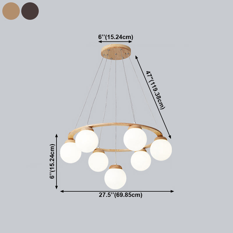 Houten cirkelvormige kroonluchter eenvoud hangend licht met bol wit glazen schaduw