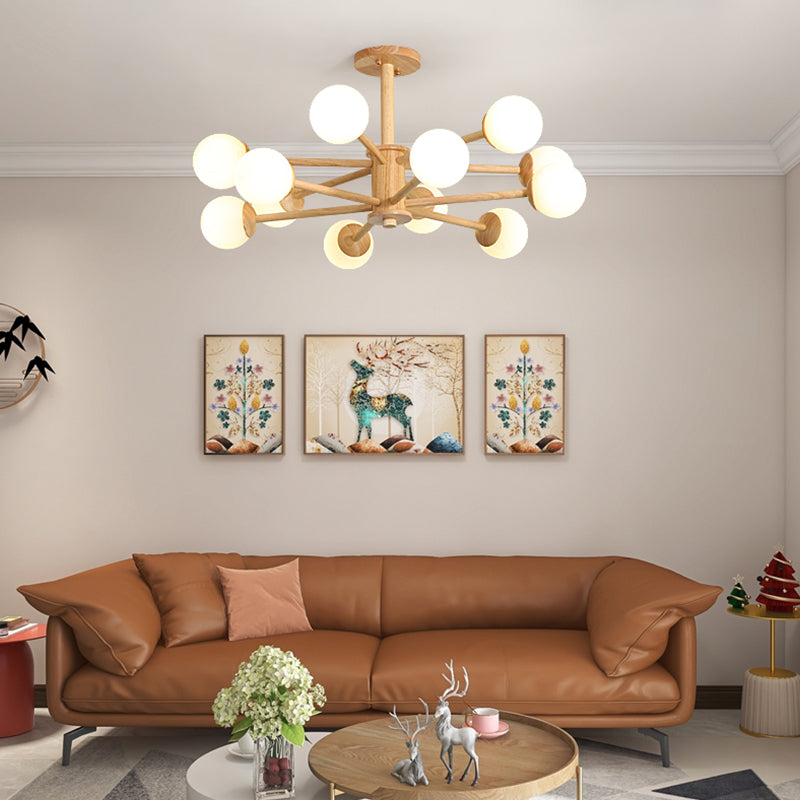Nordic Pendant Light Fixture Globe Glass Living Room Chandelier in Wood