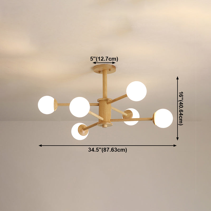 Nordic Pendant Light Fixture Globe Glass Living Room Chandelier in Wood