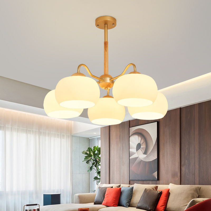 Solid Wood Domed Chandelier Lighting Nordic Hanging Light with White Glass Shade