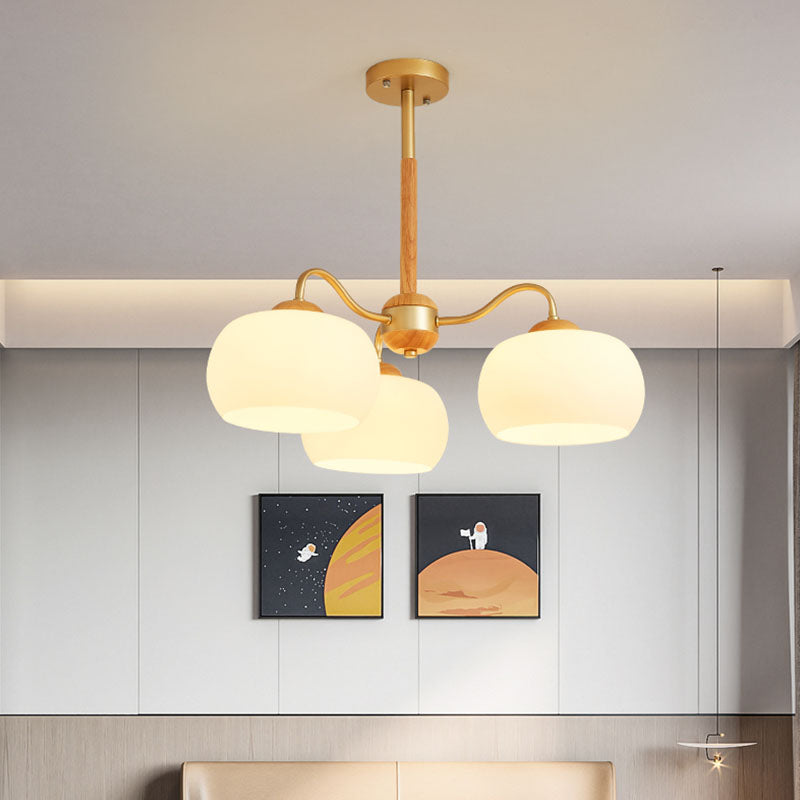 Solid Wood Domed Chandelier Lighting Nordic Hanging Light with White Glass Shade