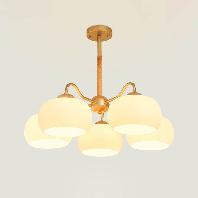 Solid Wood Domed Chandelier Lighting Nordic Hanging Light with White Glass Shade