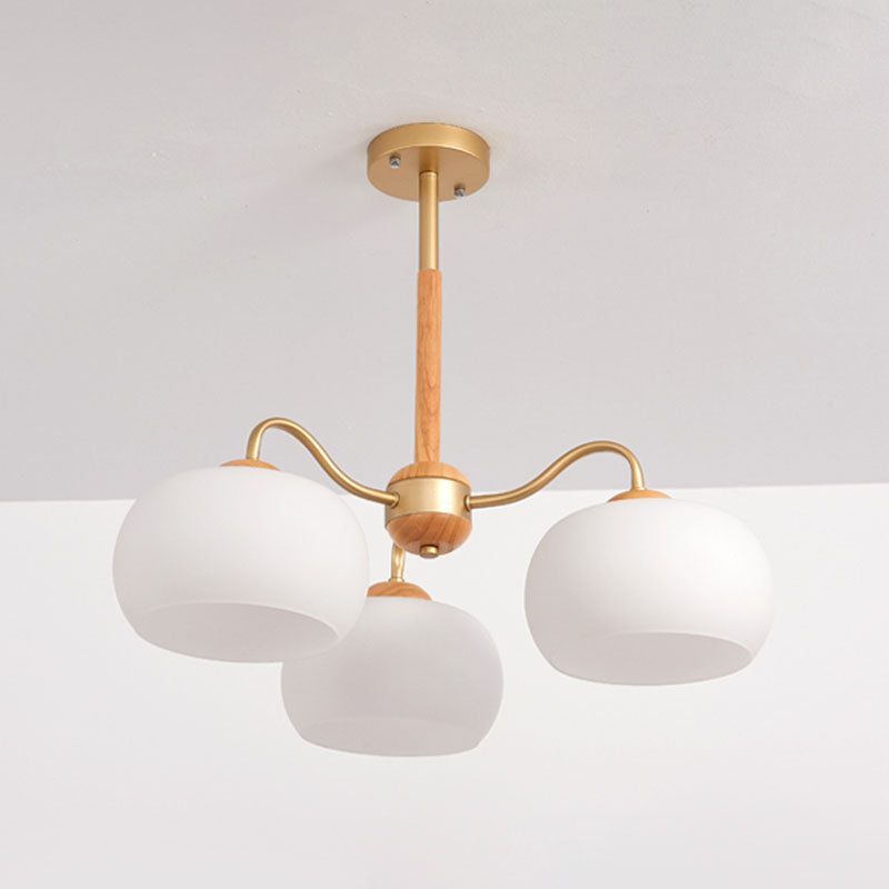 Solid Wood Domed Chandelier Lighting Nordic Hanging Light with White Glass Shade