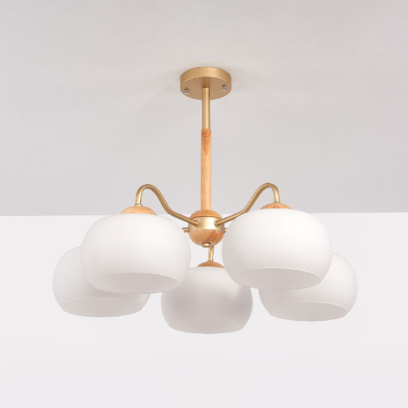 Solid Wood Domed Chandelier Lighting Nordic Hanging Light with White Glass Shade
