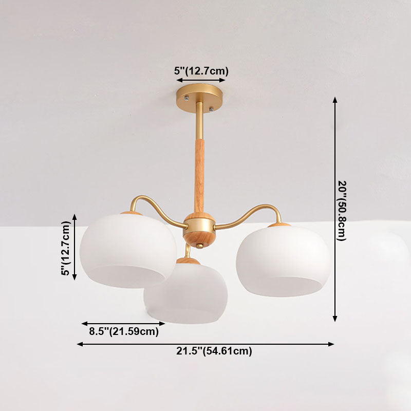 Solid Wood Domed Chandelier Lighting Nordic Hanging Light with White Glass Shade