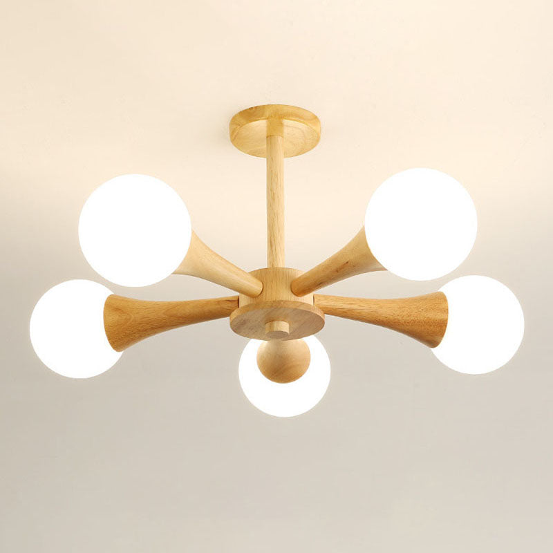 Modern Ceiling Lamp Simplicity Wooden Bedroom Chandelier with White Glass Shade