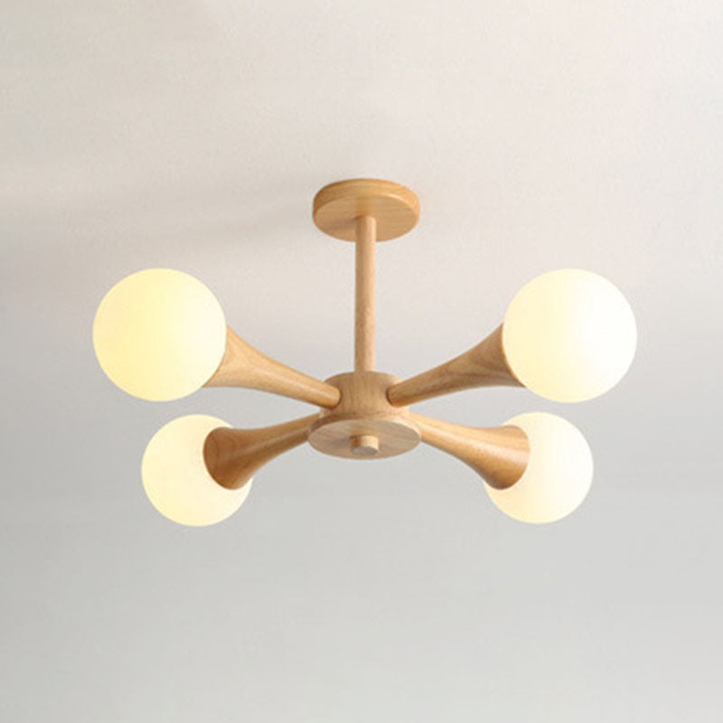 Modern Ceiling Lamp Simplicity Wooden Bedroom Chandelier with White Glass Shade