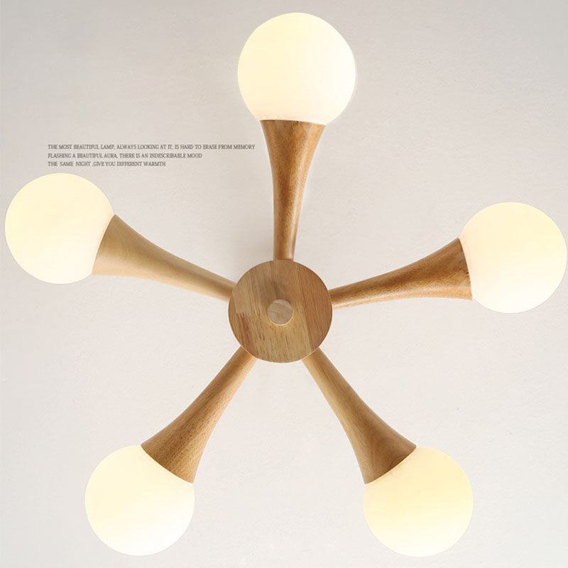 Modern Ceiling Lamp Simplicity Wooden Bedroom Chandelier with White Glass Shade