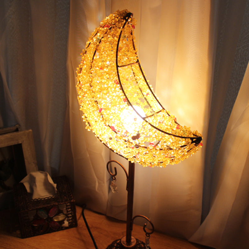 Lampada da comodino per camera da letto a forma di luna Lampada da comodino in metallo bohémien con 1 lampadina bianca/gialla