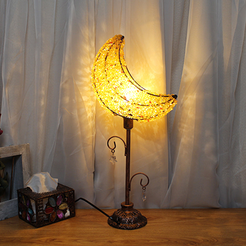 Lampada da comodino per camera da letto a forma di luna Lampada da comodino in metallo bohémien con 1 lampadina bianca/gialla