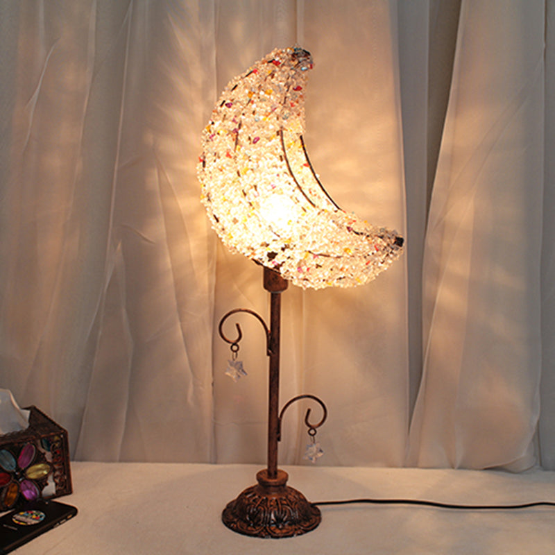 Lampada da comodino per camera da letto a forma di luna Lampada da comodino in metallo bohémien con 1 lampadina bianca/gialla