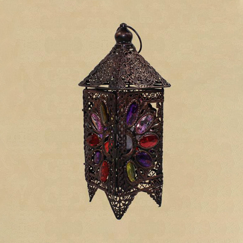 Lampada da comodino a lanterna bohémien con 1 lampadina, illuminazione da comodino in metallo in viola/rosso per soggiorno