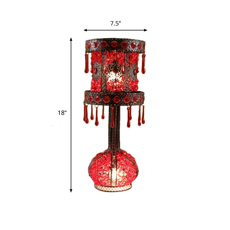 Mesa de noche de cilindro rojo Luz Bohemian Metal 2 Bulbos de la sala de estar Iluminación con decoración acrílica