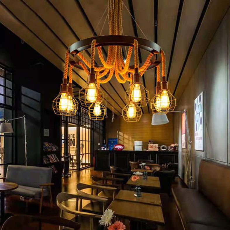 Lámpara de araña de araña negra industrial de araña de forma geométrica con cuerda natural