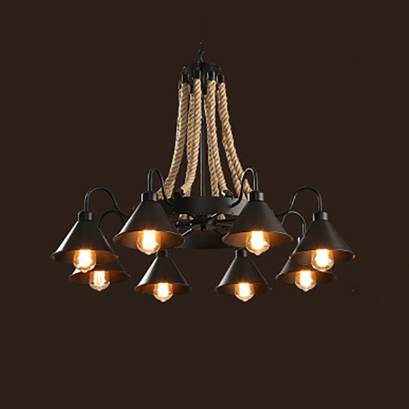 Lámpara de araña de araña negra industrial de araña de forma geométrica con cuerda natural