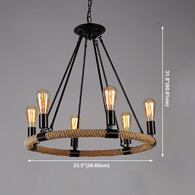 Lámpara de araña de araña negra industrial de araña de forma geométrica con cuerda natural