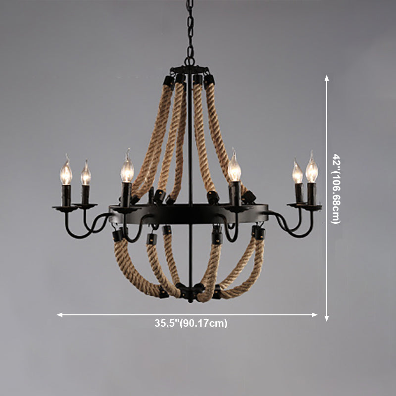 Lámpara de araña de araña negra industrial de araña de forma geométrica con cuerda natural