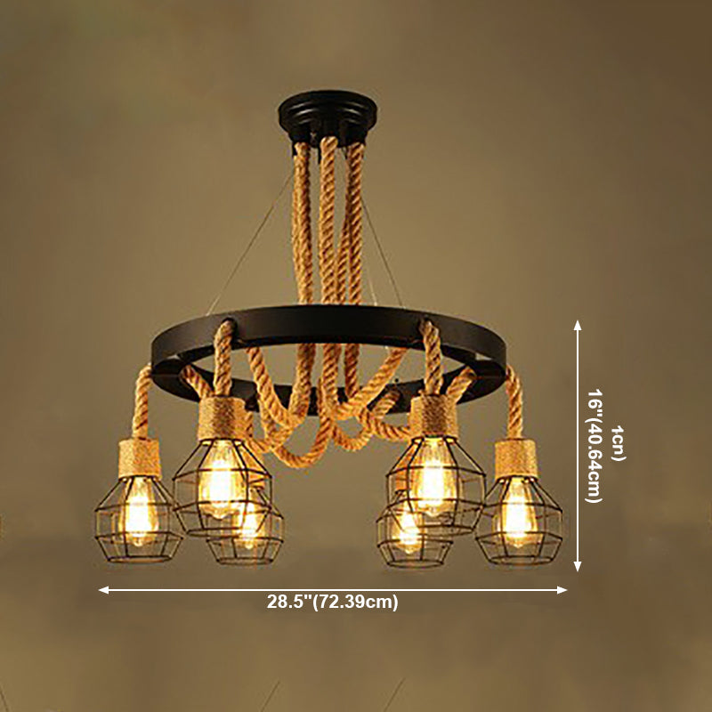 Lámpara de araña de araña negra industrial de araña de forma geométrica con cuerda natural