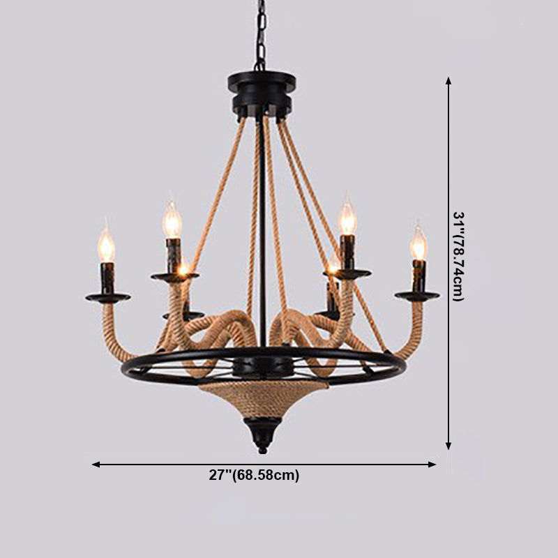 Lámpara de araña de araña negra industrial de araña de forma geométrica con cuerda natural