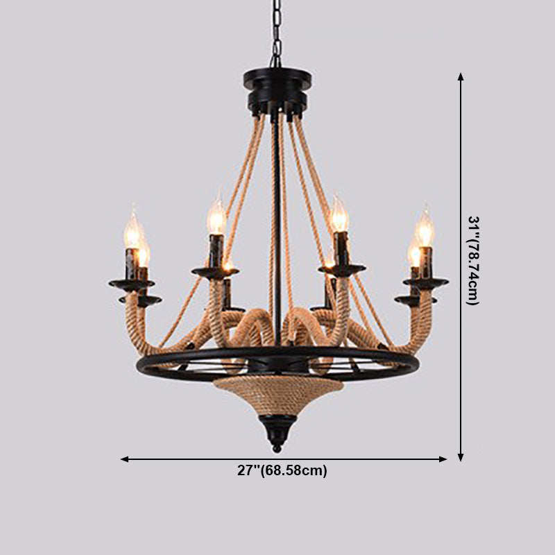 Lámpara de araña de araña negra industrial de araña de forma geométrica con cuerda natural