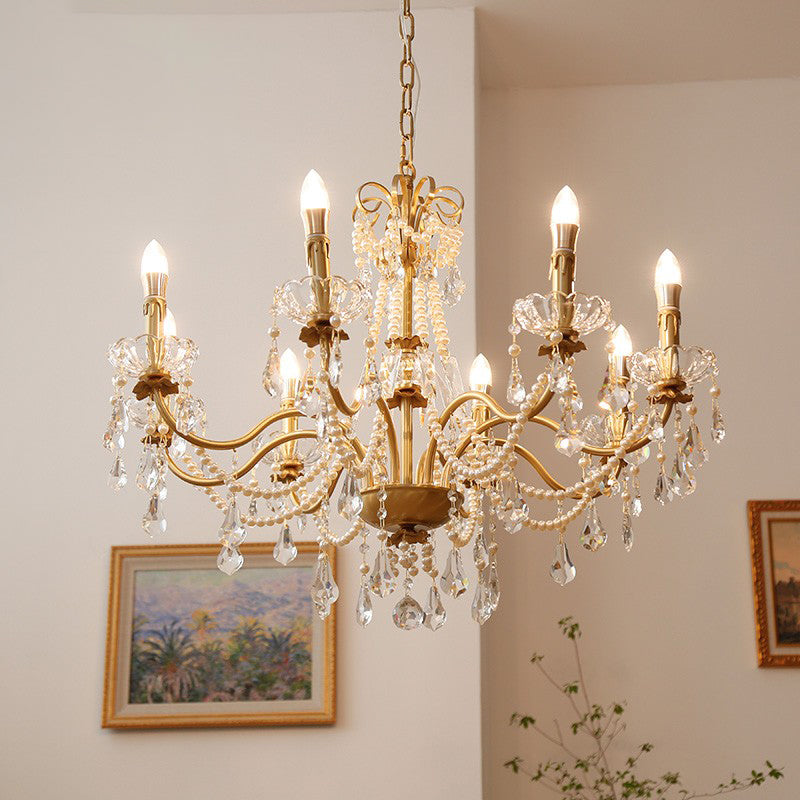 Candle Chandelier Light Fixtures American Style Multi-Head Hanging Pendant Lamps with Crystal Bead