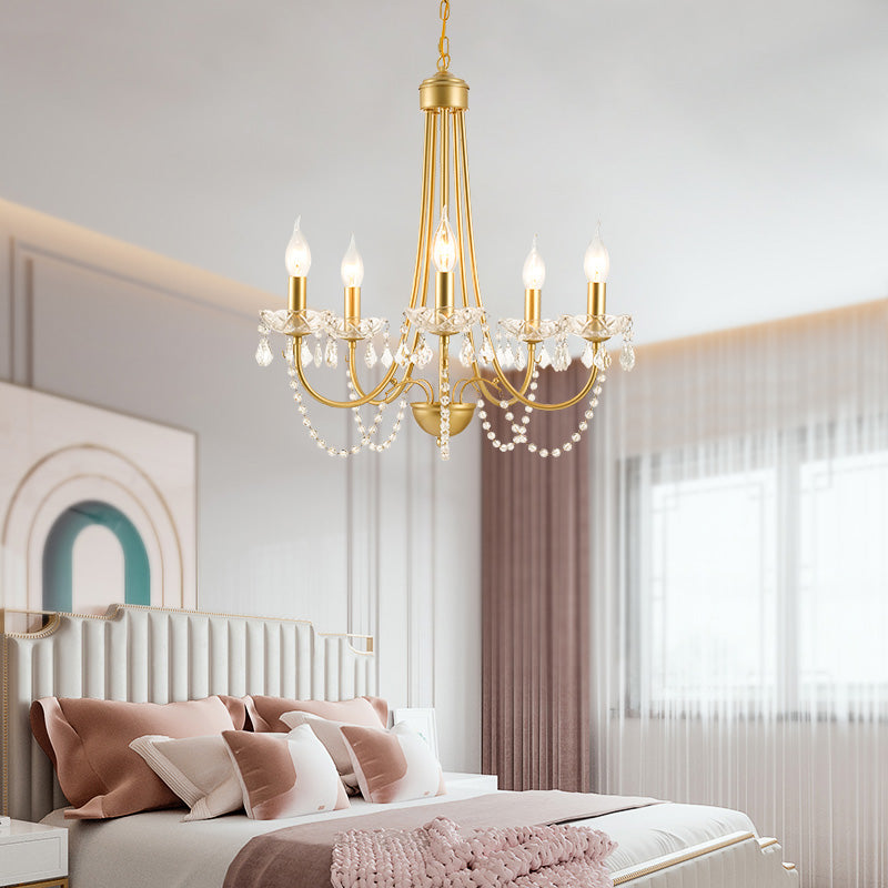 Candle Suspended Lighting Fixture American Style Multi-Head Hanging Pendant Lights with Crystal Bead