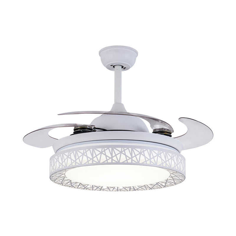 Lámpara de ventilador de dormitorio redondo LED contemporáneo de metal 36 "w Luz de semi flush blanca con 4 cuchillas, control remoto/de pared/control remoto y de pared
