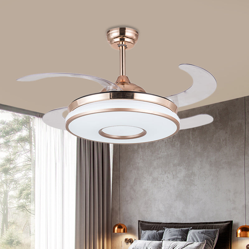 Montaje semi de metal LED de luz de ventilador redondo contemporáneo de 36 "de ancho en plata con 4 cuchillas para dormitorio, control remoto/pared/control remoto y de pared