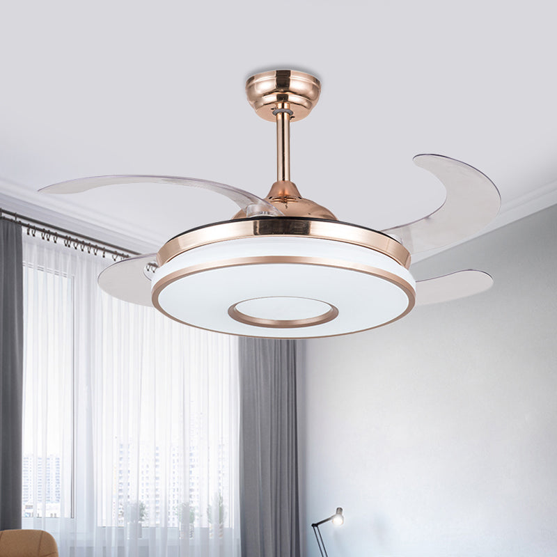 Montaje semi de metal LED de luz de ventilador redondo contemporáneo de 36 "de ancho en plata con 4 cuchillas para dormitorio, control remoto/pared/control remoto y de pared