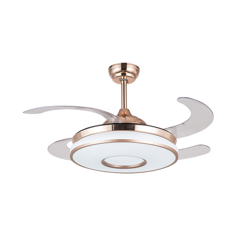 Montaje semi de metal LED de luz de ventilador redondo contemporáneo de 36 "de ancho en plata con 4 cuchillas para dormitorio, control remoto/pared/control remoto y de pared
