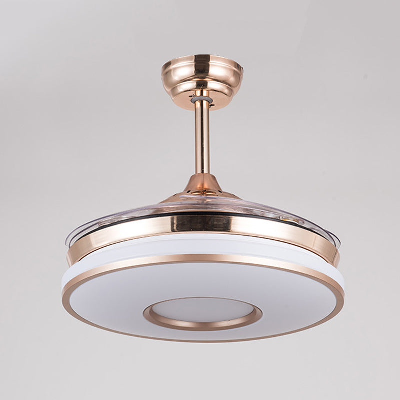 Montaje semi de metal LED de luz de ventilador redondo contemporáneo de 36 "de ancho en plata con 4 cuchillas para dormitorio, control remoto/pared/control remoto y de pared