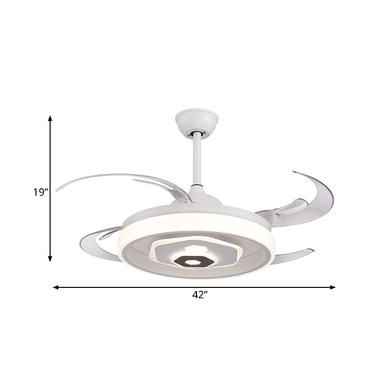 LED -plafondventilator Verlichting Eenvoudige slaapkamer Semi -spoeling Lichte armatuur met ronde acrylschaduw in wit met 4 heldere messen, 42 "W