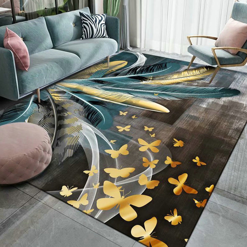 Gold Feather Rug Polyester Novelty Rug Stain Resistant Rug for Living Room