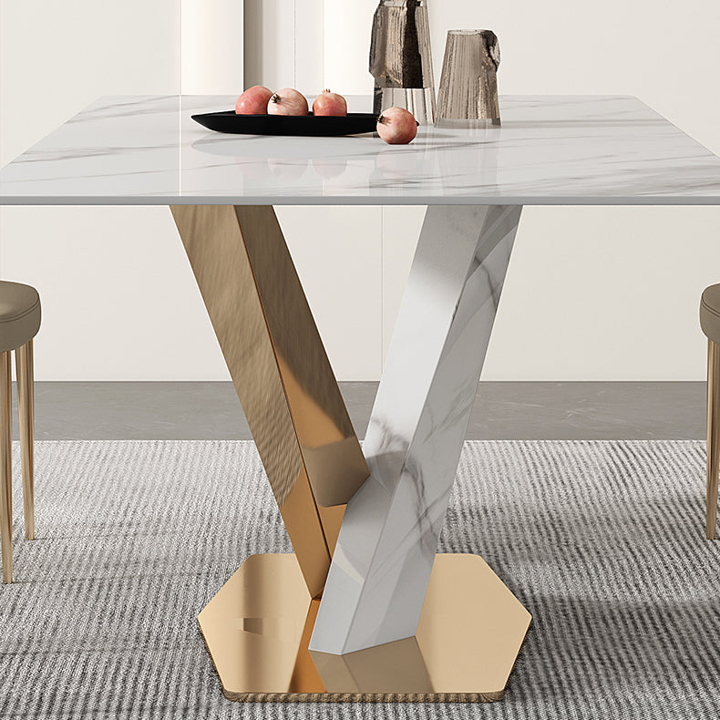 Glam White Sintered Stone Dining Table Rectangle Shape Standard Dining Table for Kitchen