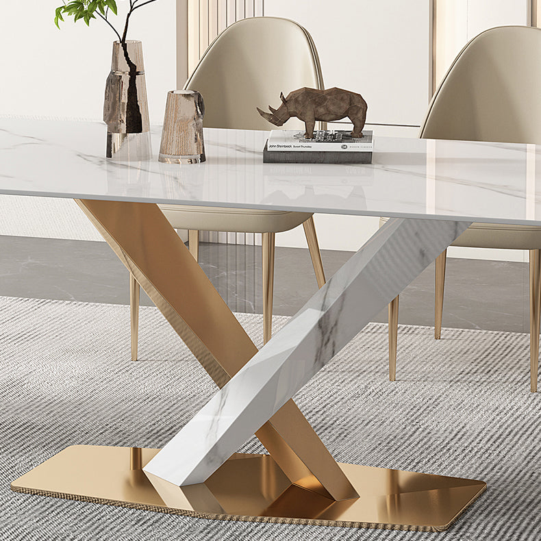 Glam White Sintered Stone Dining Table Rectangle Shape Standard Dining Table for Kitchen