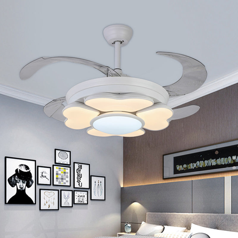 42 "W LED Acrylhangventilator Lamp Noordelijke witte ring Slaapkamer Semi -spoelmontage Lamp met 4 messen, op afstand/muurbediening/afstandsbediening en muurregeling
