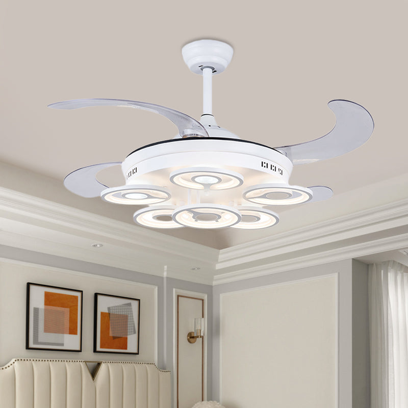 Cirkel acryl hanger ventilator lamp Noordse led slaapkamer semi -flush mount verlichting in wit met 4 heldere messen, 42 "breedte