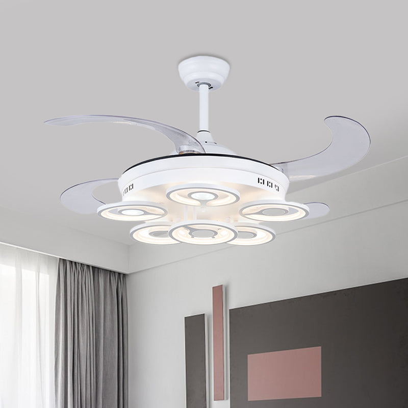 Cirkel acryl hanger ventilator lamp Noordse led slaapkamer semi -flush mount verlichting in wit met 4 heldere messen, 42 "breedte